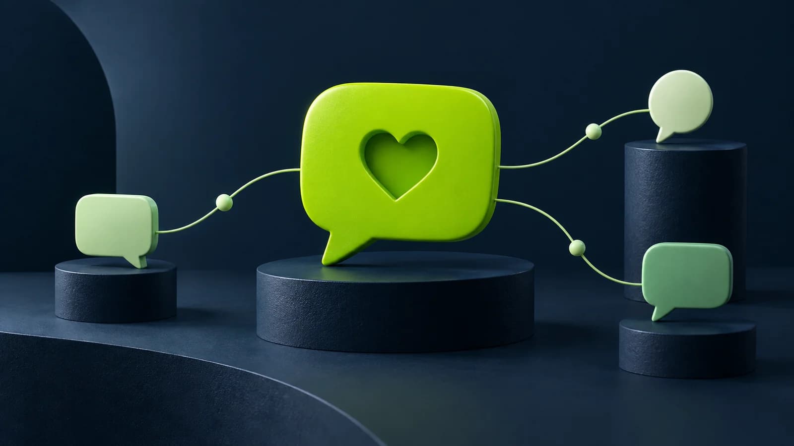 Ilustração de conversas conectadas por uma boa experiência, em verde e azul-marinho
